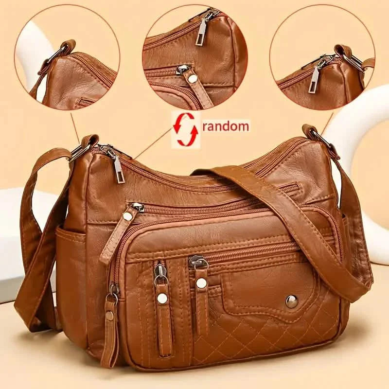 Modische Umhängetasche mit mehreren Reißverschlüssen, weiche Vegane Leder-Schultertasche, Damen-Handtasche mit mehreren Fächern