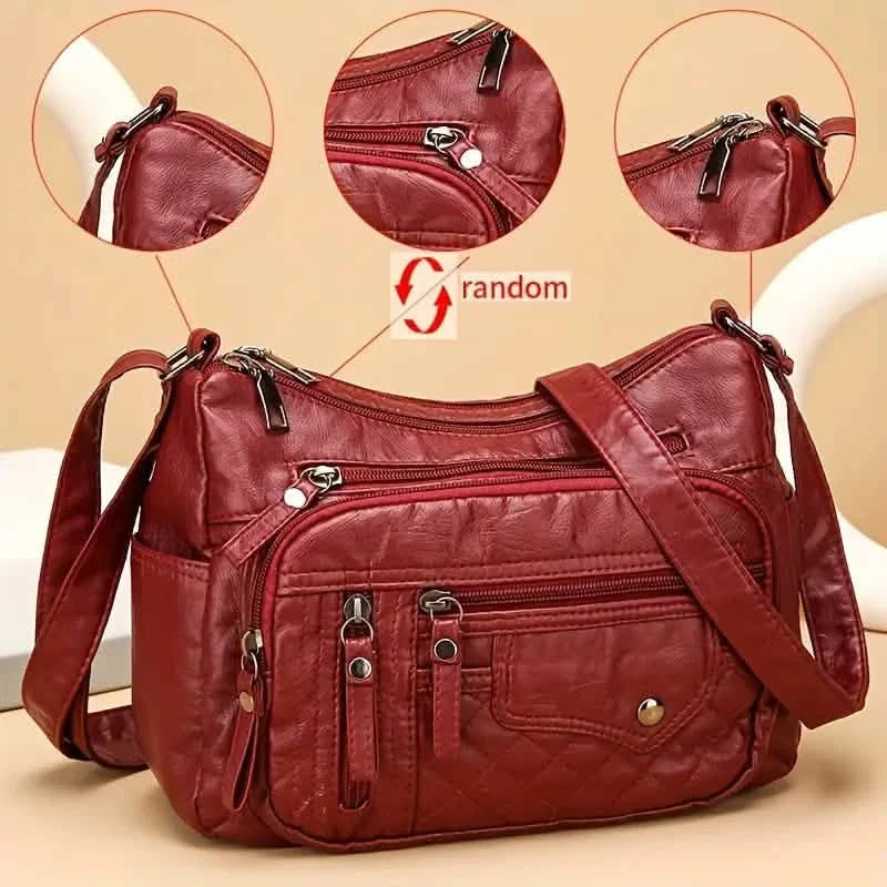 Modische Umhängetasche mit mehreren Reißverschlüssen, weiche Vegane Leder-Schultertasche, Damen-Handtasche mit mehreren Fächern
