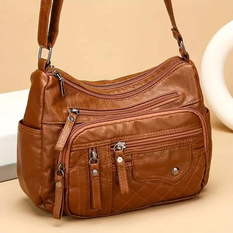 Modische Umhängetasche mit mehreren Reißverschlüssen, weiche Vegane Leder-Schultertasche, Damen-Handtasche mit mehreren Fächern