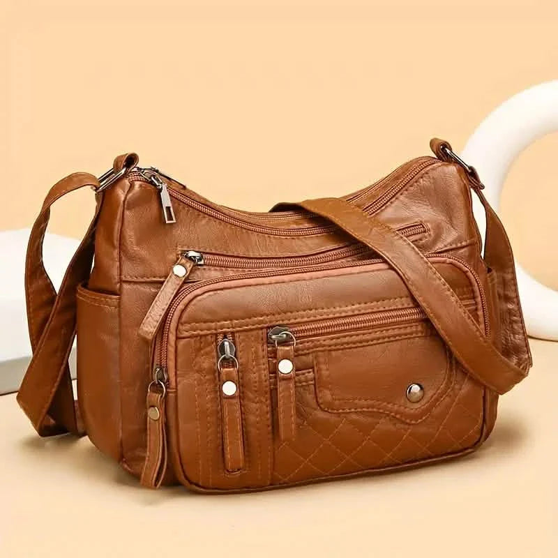 Modische Umhängetasche mit mehreren Reißverschlüssen, weiche Vegane Leder-Schultertasche, Damen-Handtasche mit mehreren Fächern