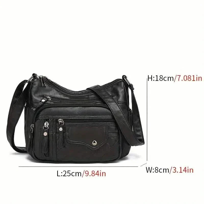 Modische Umhängetasche mit mehreren Reißverschlüssen, weiche Vegane Leder-Schultertasche, Damen-Handtasche mit mehreren Fächern
