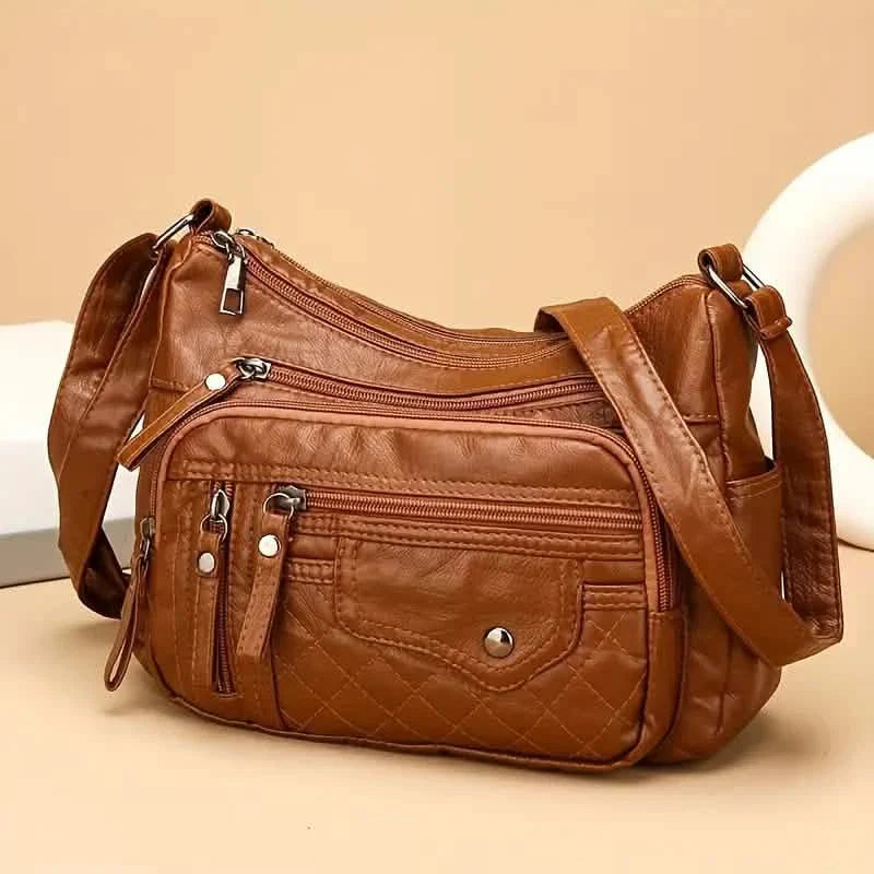 Modische Umhängetasche mit mehreren Reißverschlüssen, weiche Vegane Leder-Schultertasche, Damen-Handtasche mit mehreren Fächern