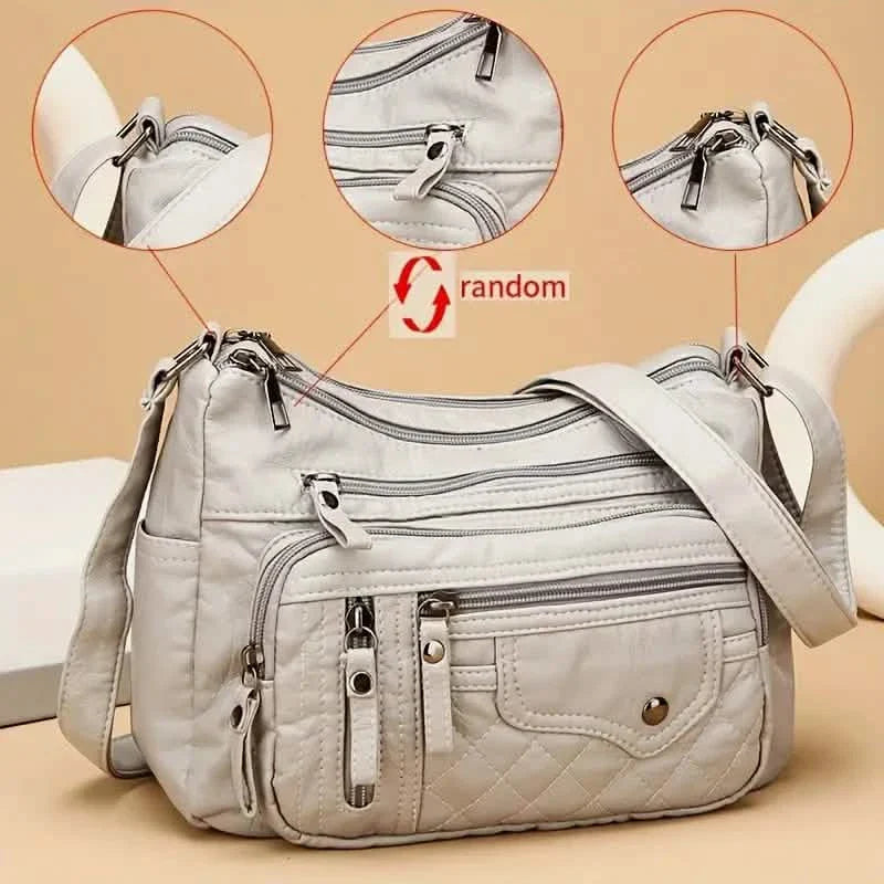 Modische Umhängetasche mit mehreren Reißverschlüssen, weiche Vegane Leder-Schultertasche, Damen-Handtasche mit mehreren Fächern