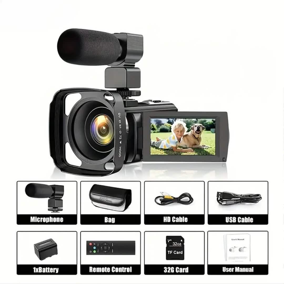 16-fach Zoom 1080P HD Digitalkamera-Bundle mit 2 Akkus, 32G TF-Karte, Mikrofon, Gegenlichtblende & Tasche