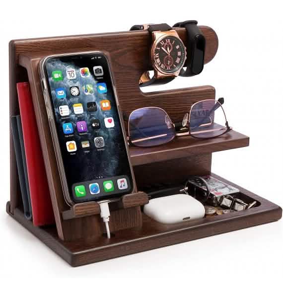 TESLYAR Handy Dockingstation aus Eschenholz, Schlüsselhalter, Brieftaschenständer