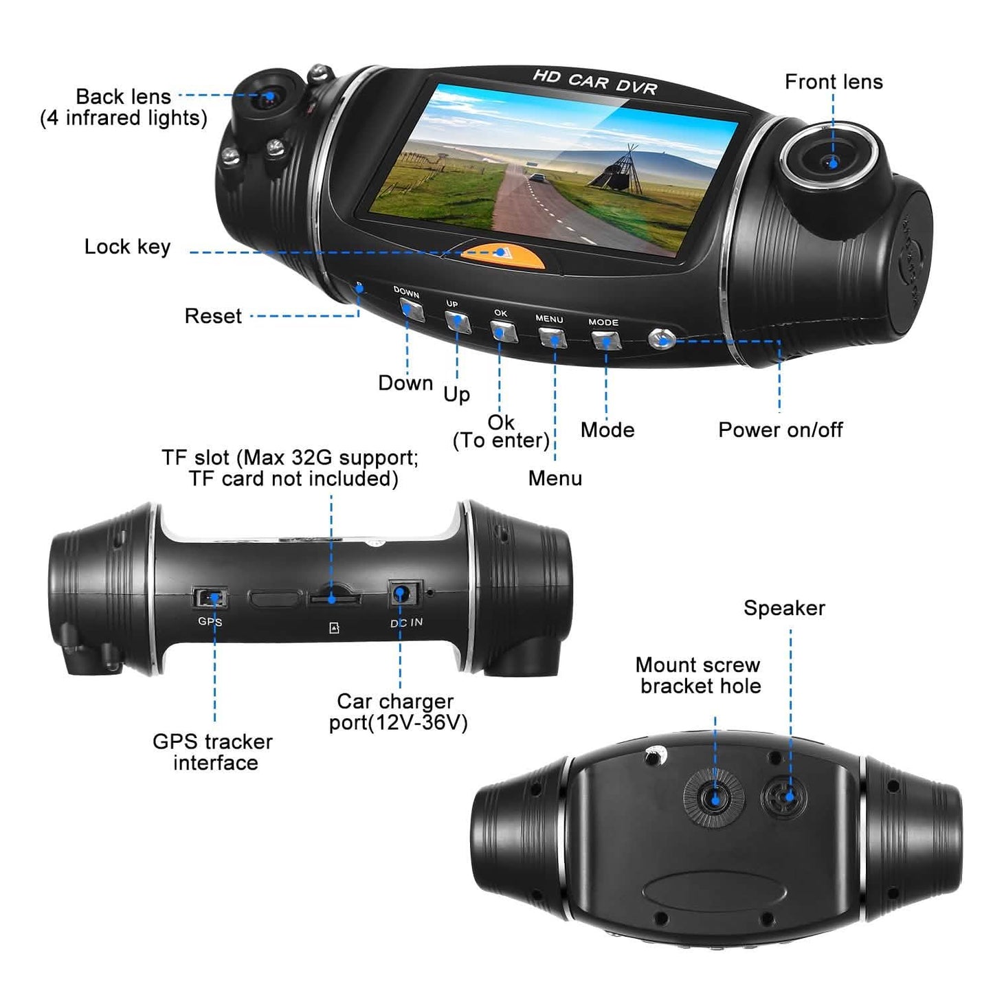 FHD 1080P Dual-Objektiv Auto DVR Dashcam
