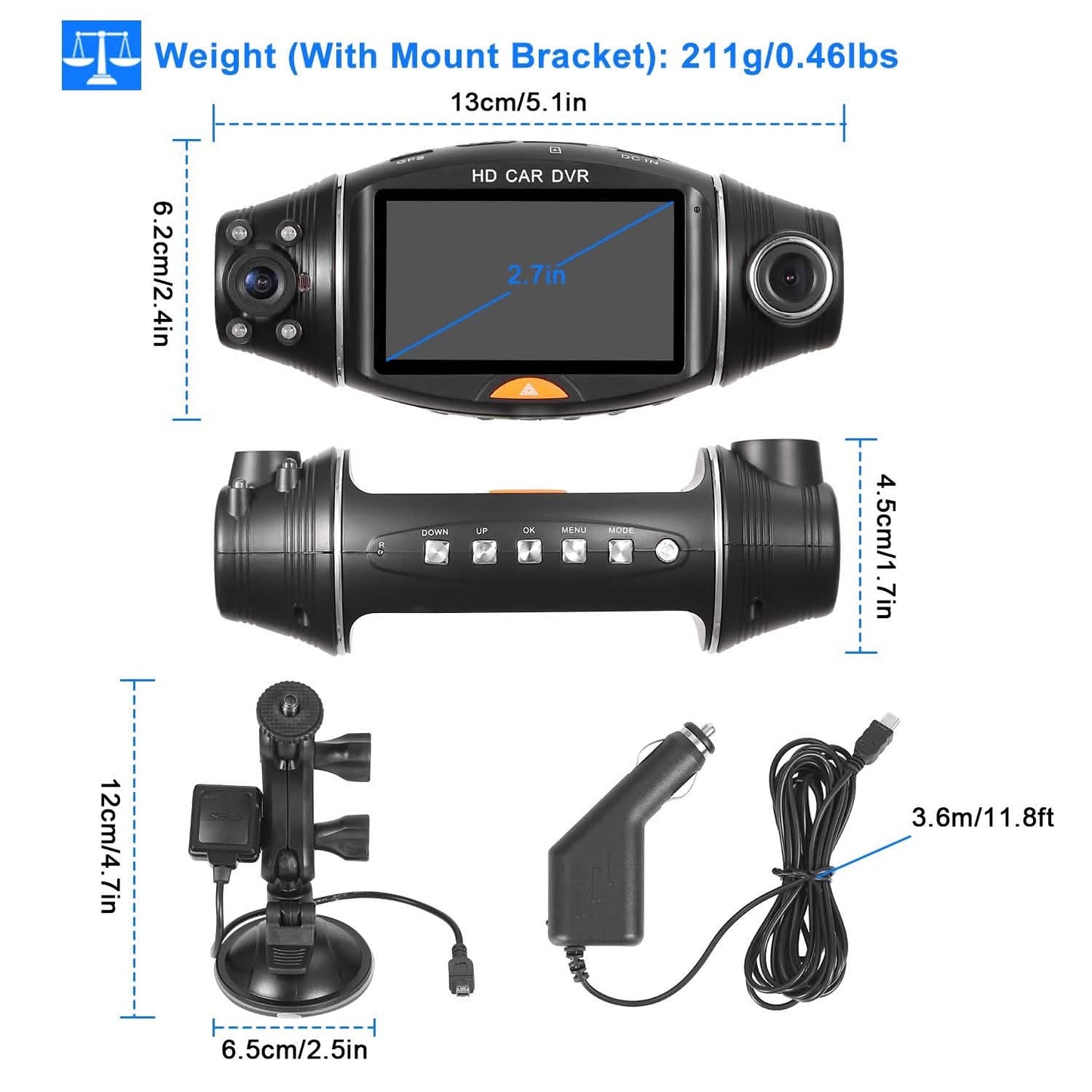 FHD 1080P Dual-Objektiv Auto DVR Dashcam