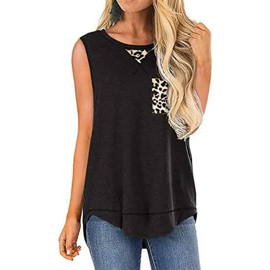 Damen Sommer Tank Tops Leopardenmuster Tasche Ärmellose Bluse