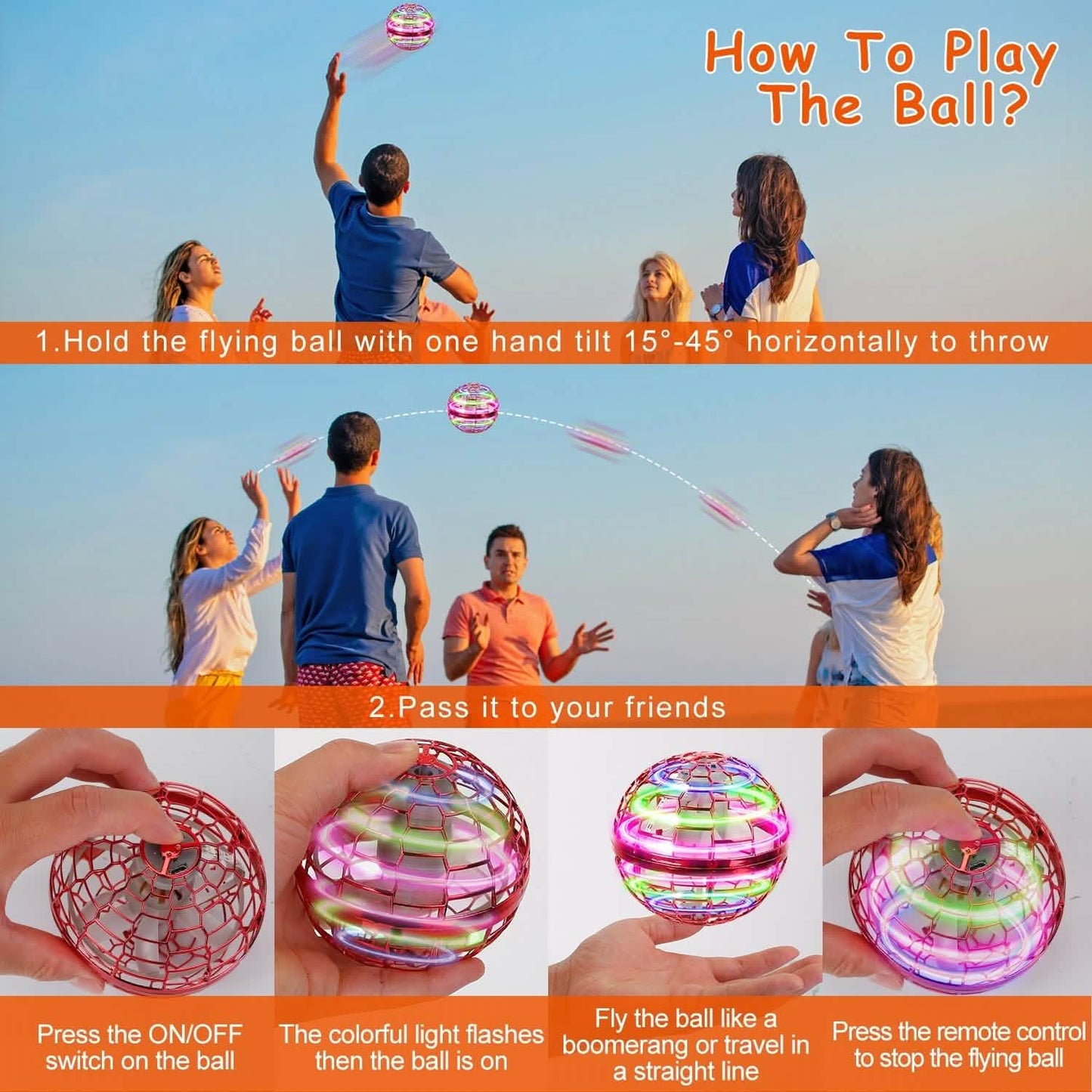 Fliegender Ball Spielzeug 360° Rotierender Handgesteuerter Fliegender Orb Hover Ball mit RGB Lichtern