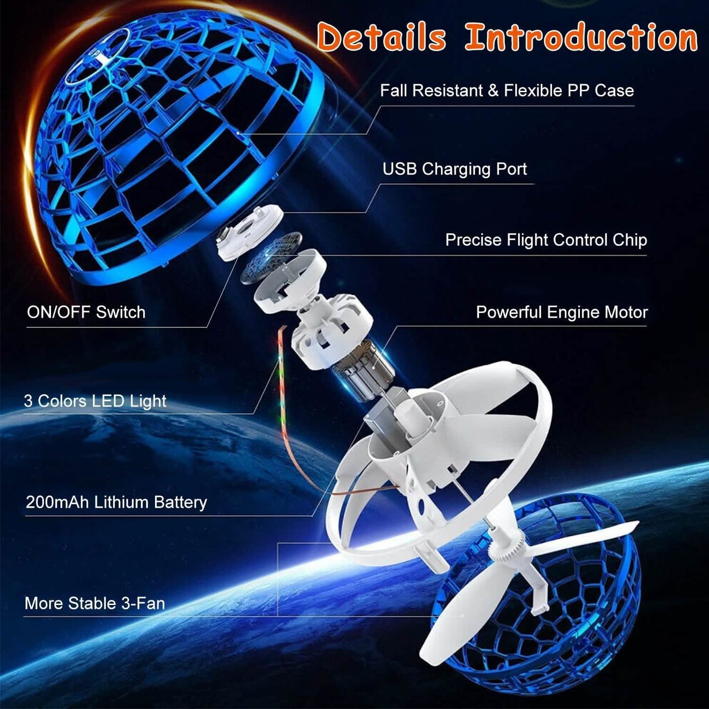 Fliegender Ball Spielzeug 360° Rotierender Handgesteuerter Fliegender Orb Hover Ball mit RGB Lichtern