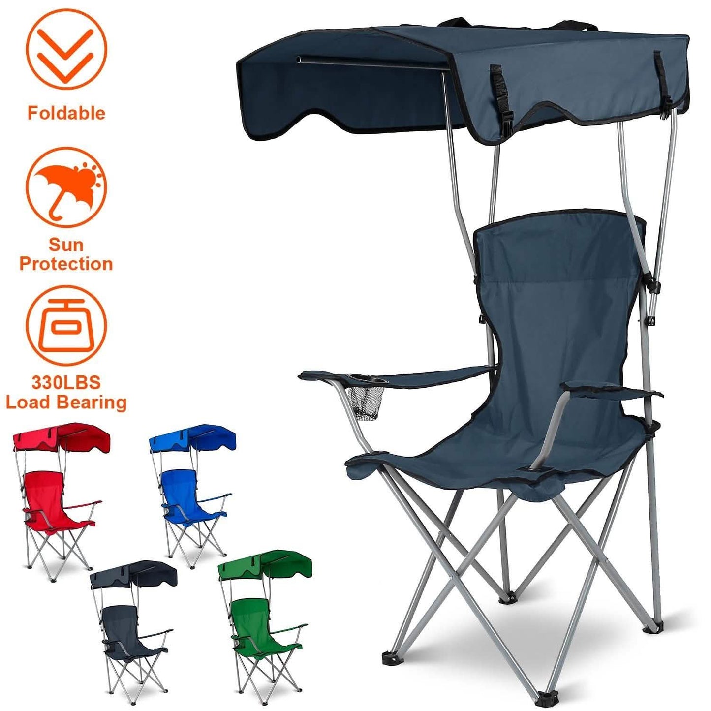 Faltbarer Strandstuhl mit Sonnenschutz und Becherhalter