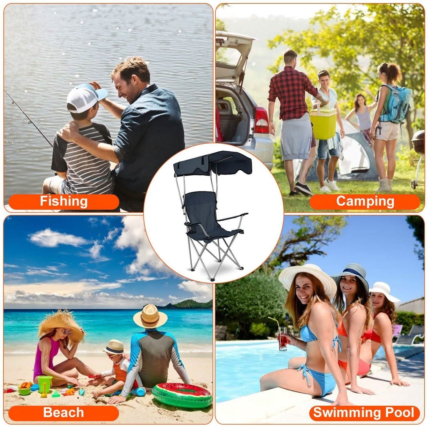 Faltbarer Strandstuhl mit Sonnenschutz und Becherhalter
