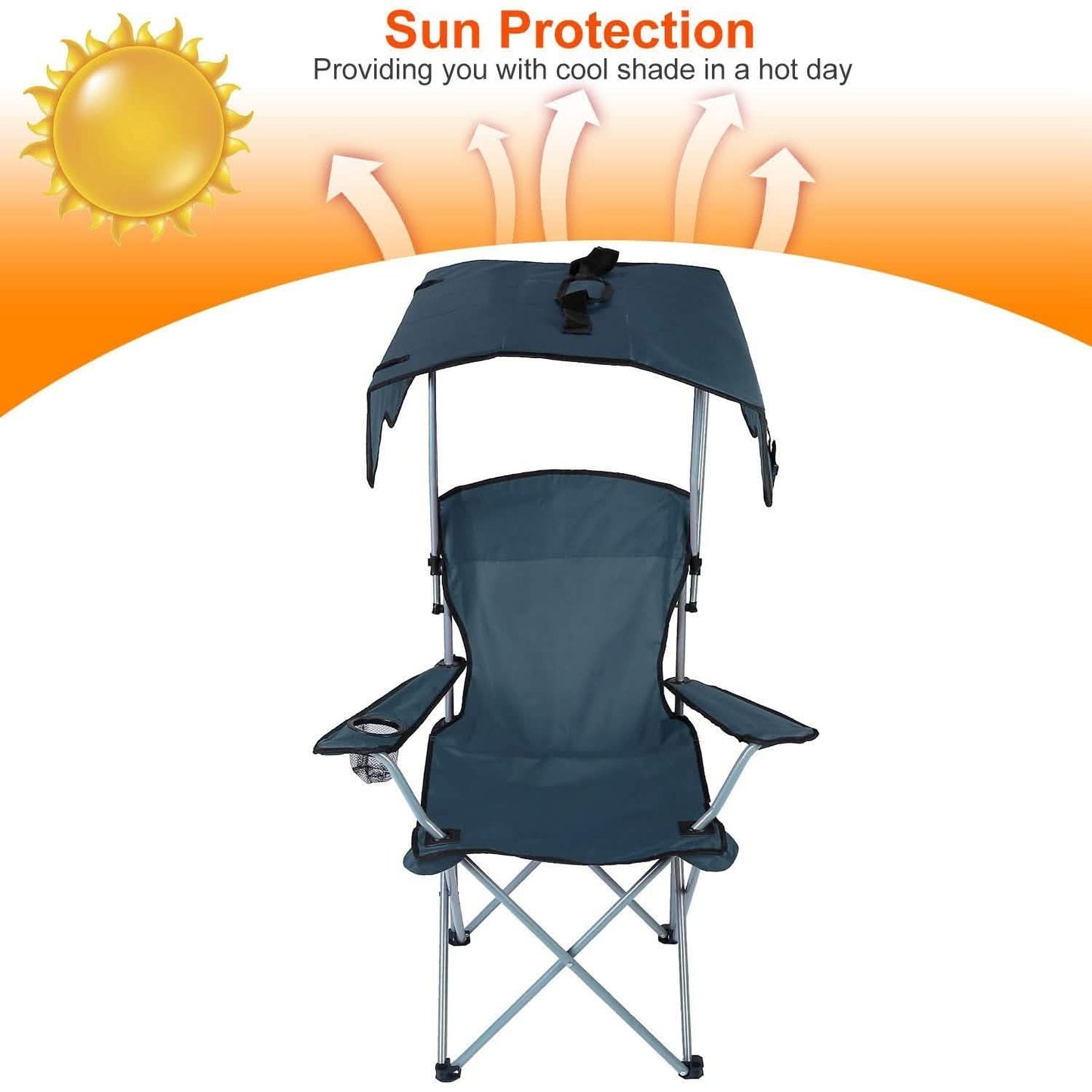 Faltbarer Strandstuhl mit Sonnenschutz und Becherhalter