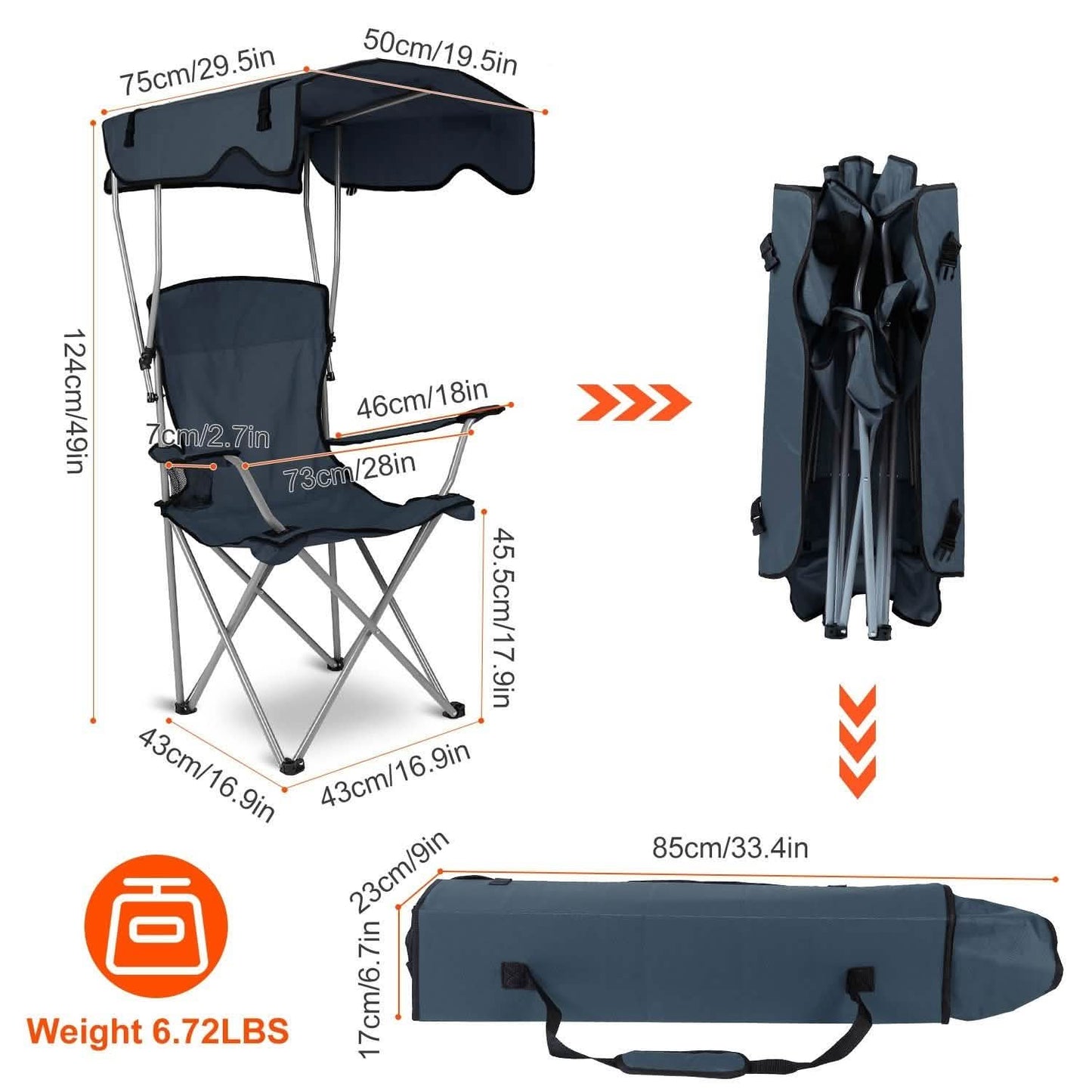 Faltbarer Strandstuhl mit Sonnenschutz und Becherhalter