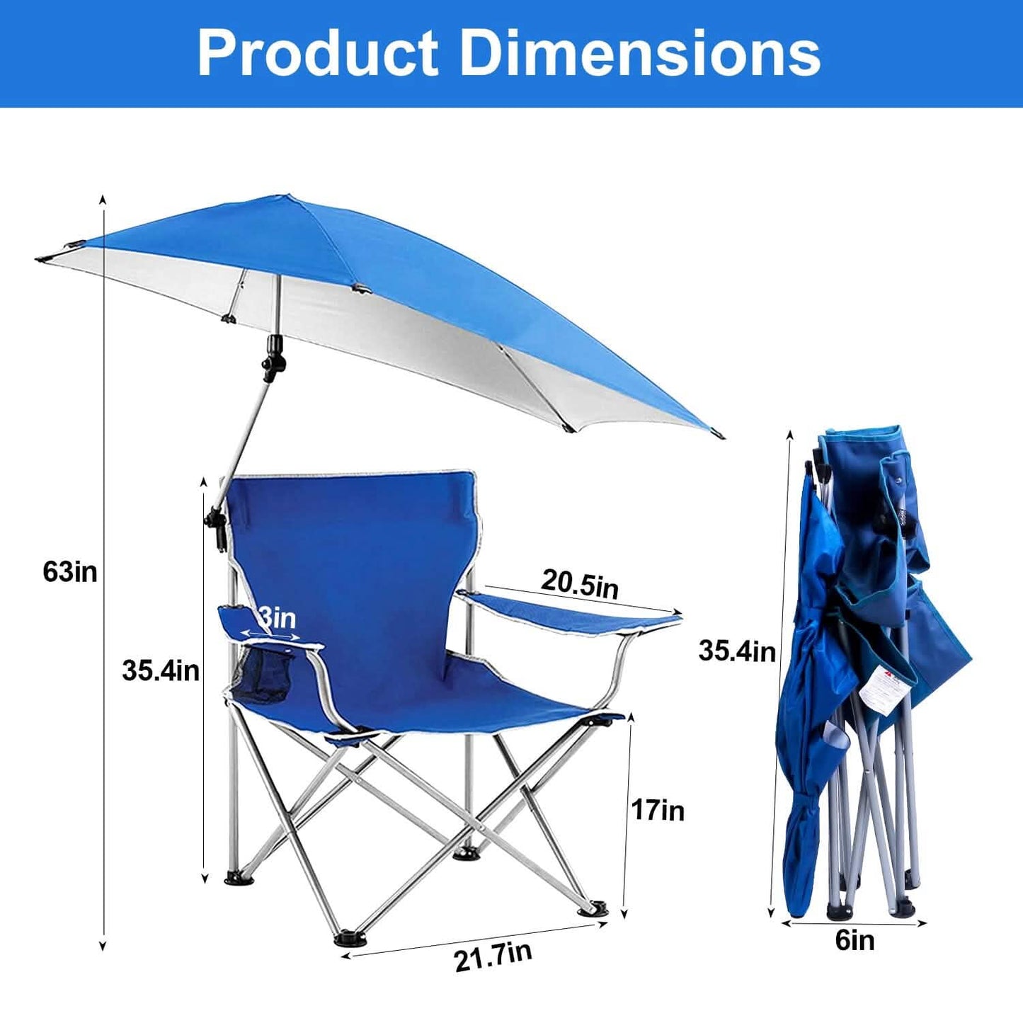Klappbarer Strandstuhl mit abnehmbarer Armlehne, verstellbarem Sonnendach und Hocker mit Getränkehalter