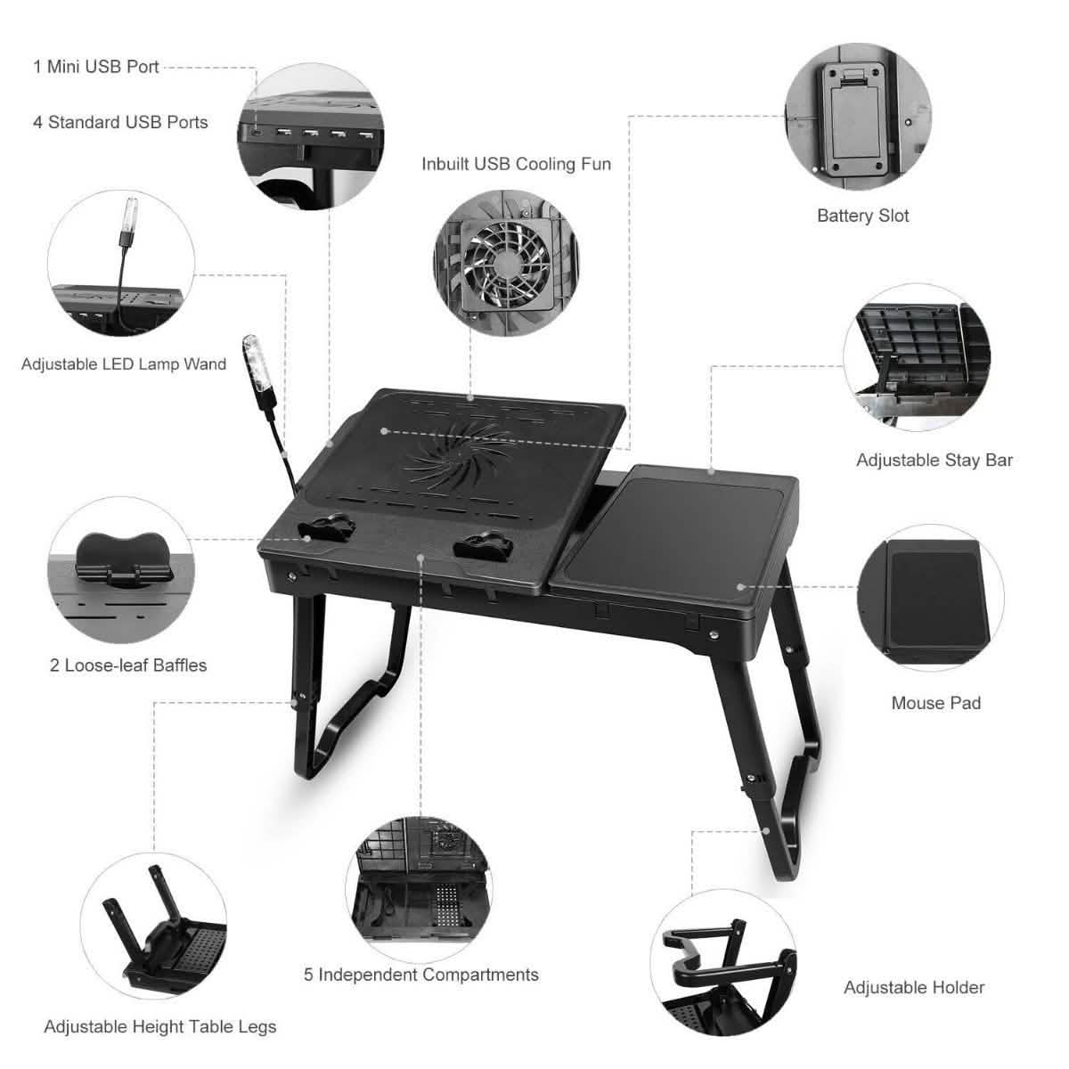 Faltbarer Laptop-Tisch Bett Notizbuch Schreibtisch mit Kühlgebläse Maus-Board