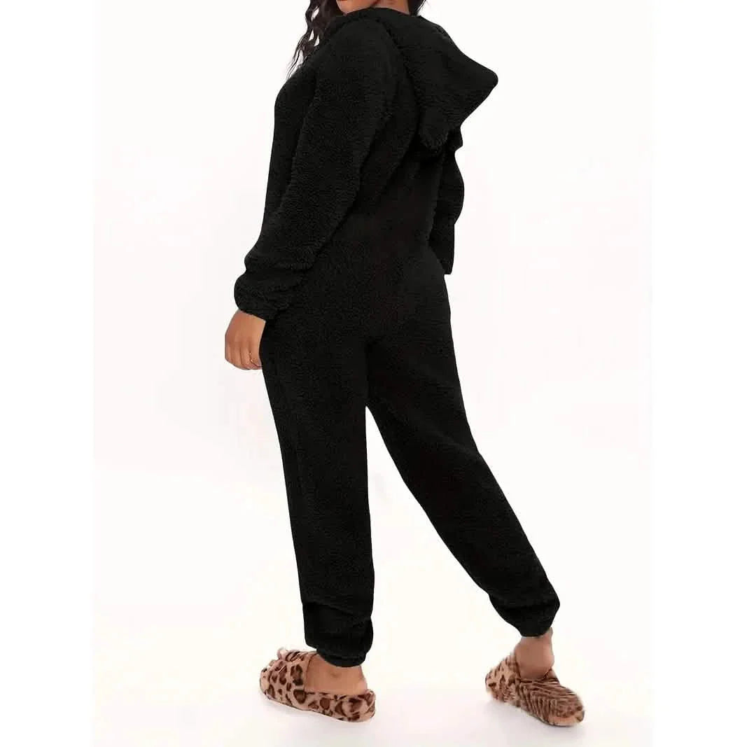 Flauschiger Pyjama-Overall mit Kapuze für Musikfestivals, langärmlige Lingerie & Nachtwäsche mit Reißverschluss