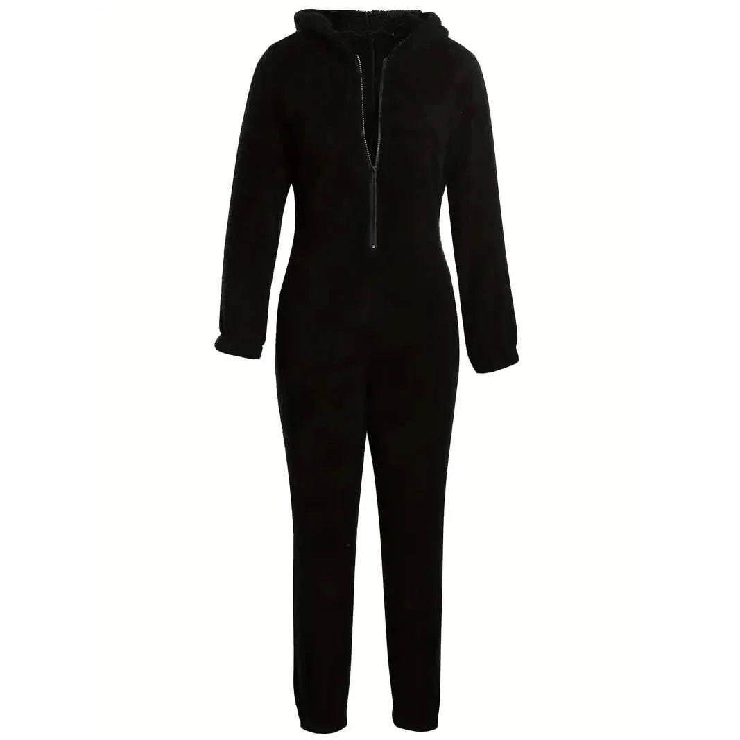 Flauschiger Pyjama-Overall mit Kapuze für Musikfestivals, langärmlige Lingerie & Nachtwäsche mit Reißverschluss