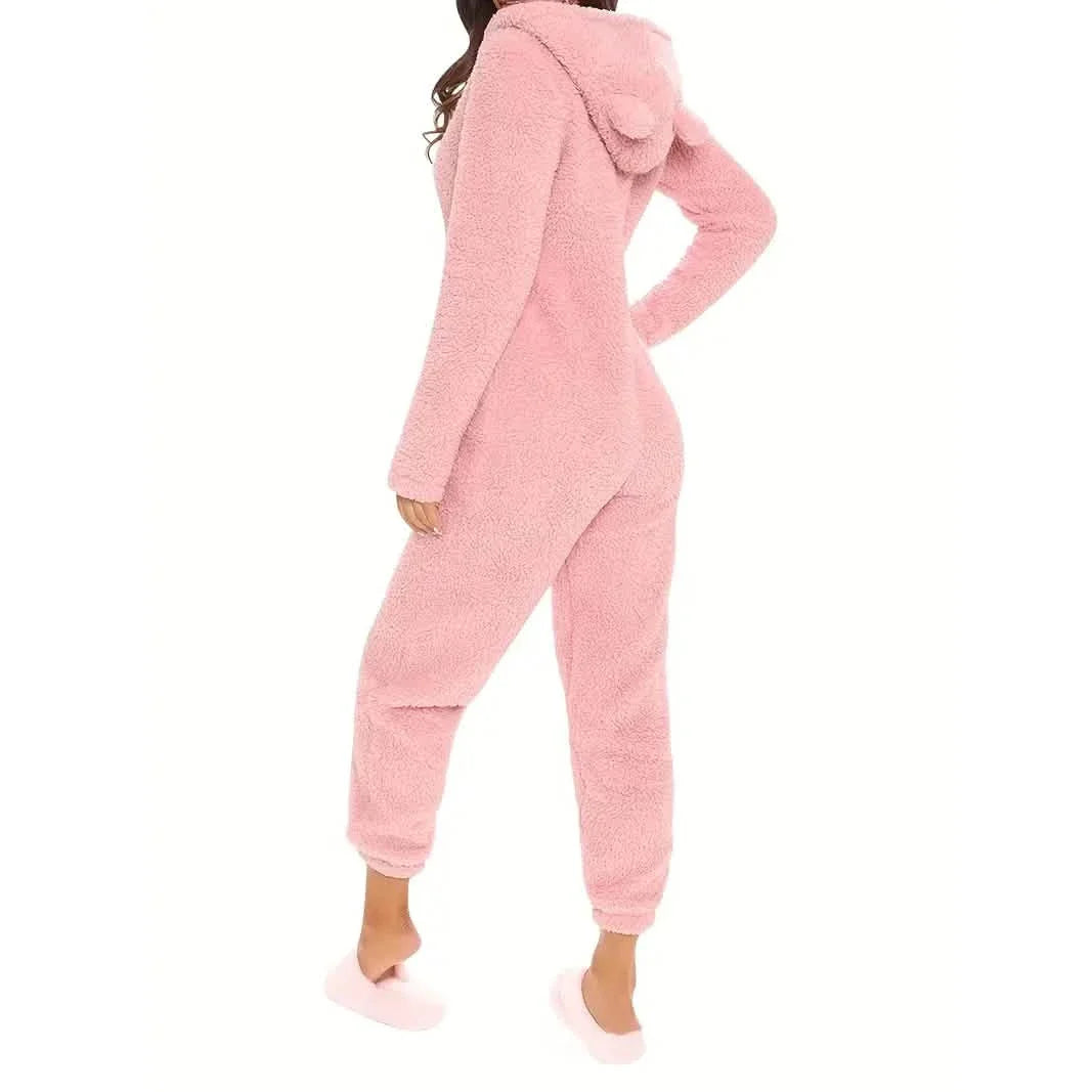 Flauschiger Pyjama-Overall mit Kapuze für Musikfestivals, langärmlige Lingerie & Nachtwäsche mit Reißverschluss