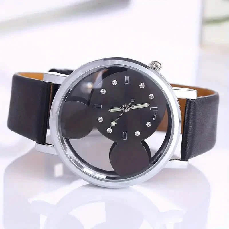 Mädchen süße elegante durchbrochene Maus Quarzuhr mit Kunstlederarmband