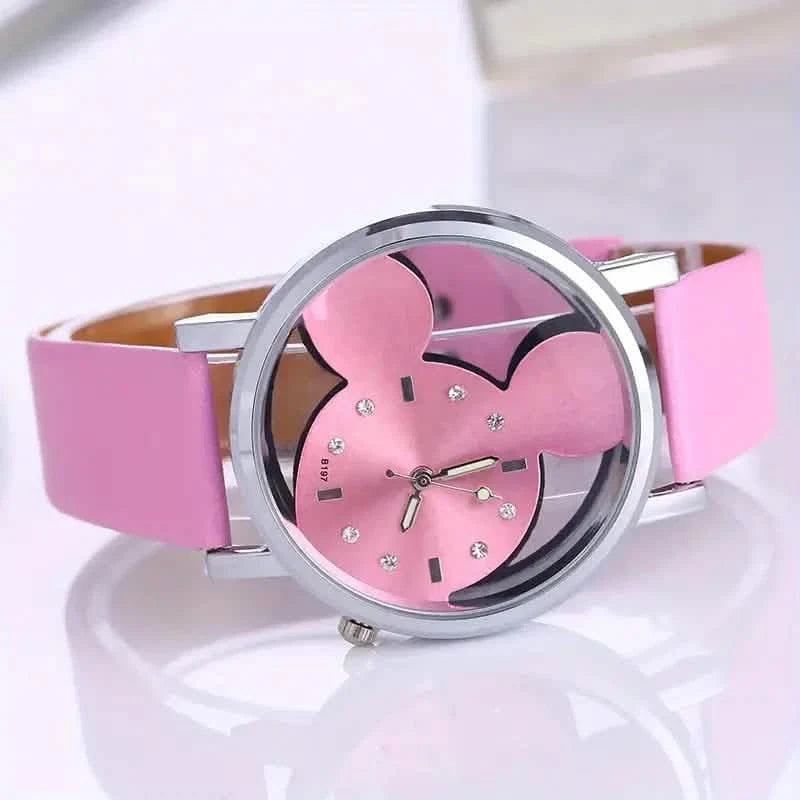 Mädchen süße elegante durchbrochene Maus Quarzuhr mit Kunstlederarmband