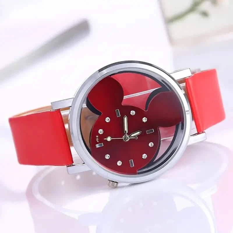 Mädchen süße elegante durchbrochene Maus Quarzuhr mit Kunstlederarmband