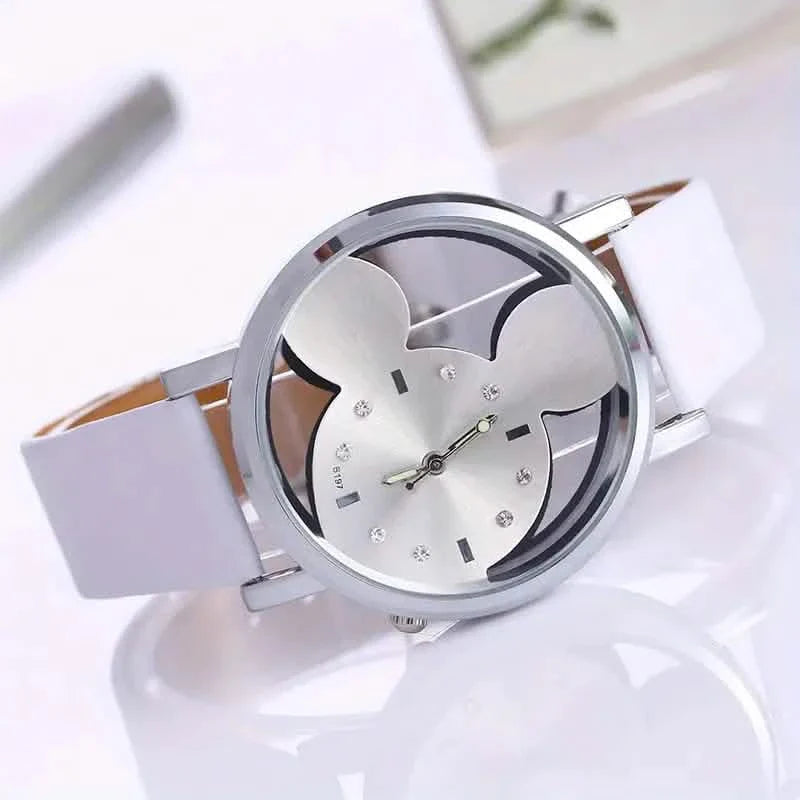 Mädchen süße elegante durchbrochene Maus Quarzuhr mit Kunstlederarmband
