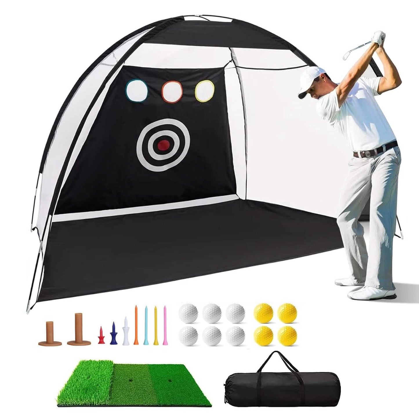 Golf-Trainingshilfen Driving Hitting Nets mit Tri-Turf Golfmatte Zieltuch 10 Golfbälle 7 Golf-Tees 2 Gummi-Golf-Tee-Halter Tragetasche für Indoor- und Outdoor-Sport