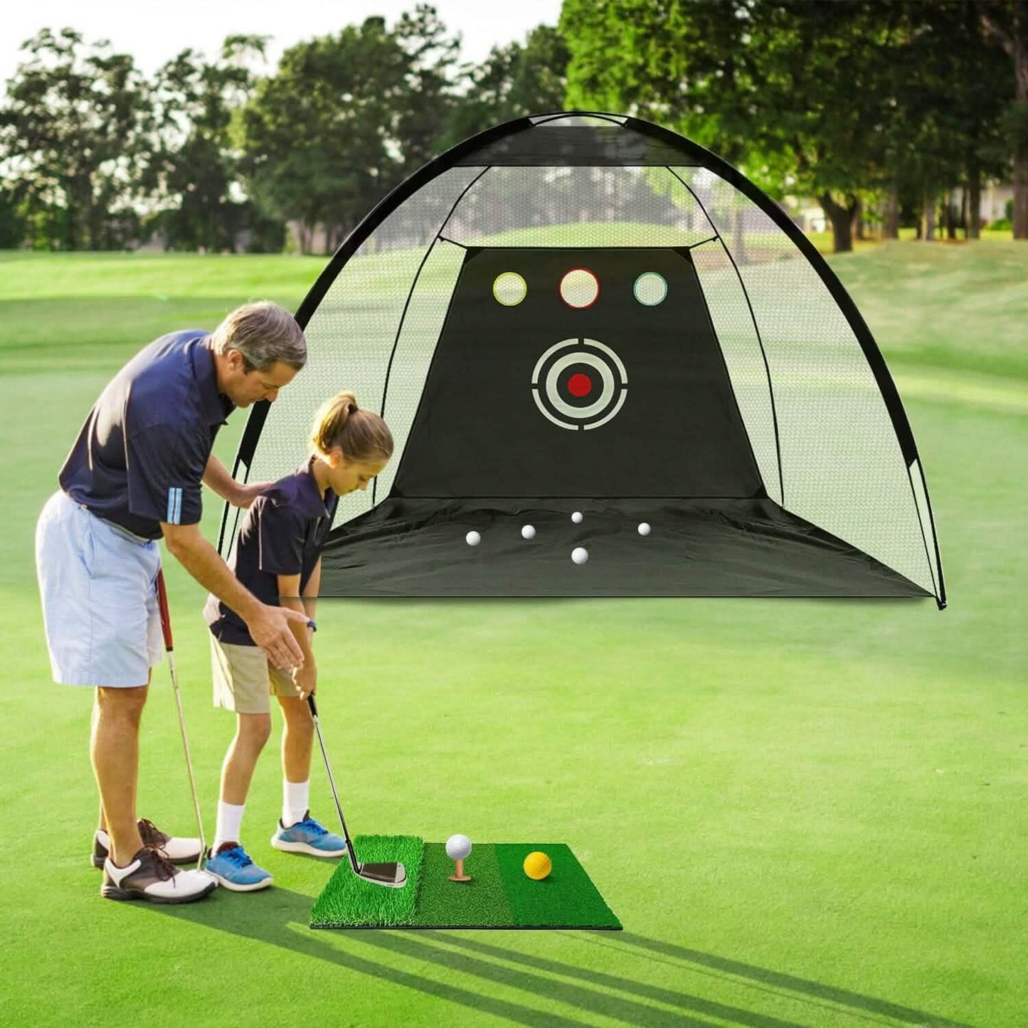 Golf-Trainingshilfen Driving Hitting Nets mit Tri-Turf Golfmatte Zieltuch 10 Golfbälle 7 Golf-Tees 2 Gummi-Golf-Tee-Halter Tragetasche für Indoor- und Outdoor-Sport