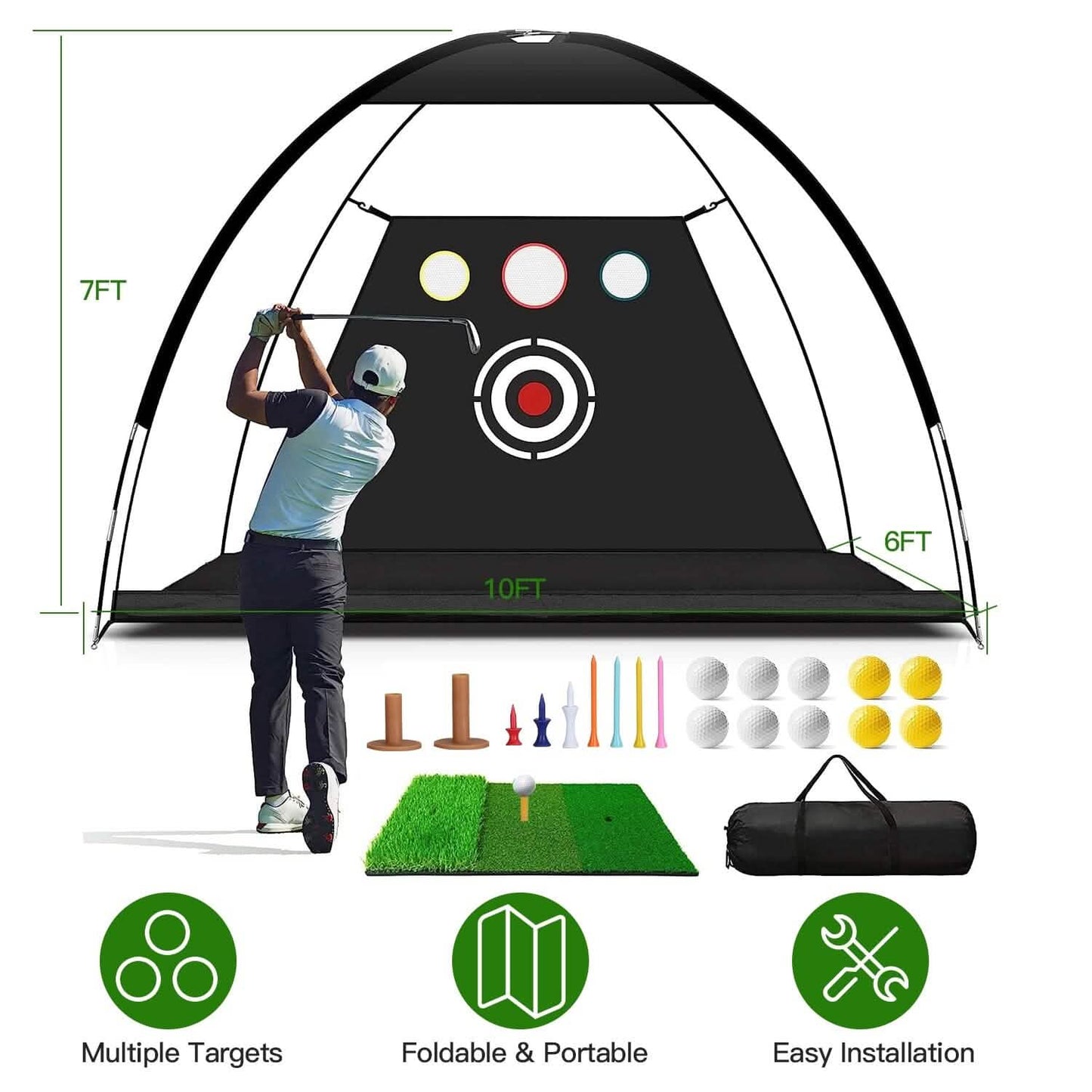 Golf-Trainingshilfen Driving Hitting Nets mit Tri-Turf Golfmatte Zieltuch 10 Golfbälle 7 Golf-Tees 2 Gummi-Golf-Tee-Halter Tragetasche für Indoor- und Outdoor-Sport