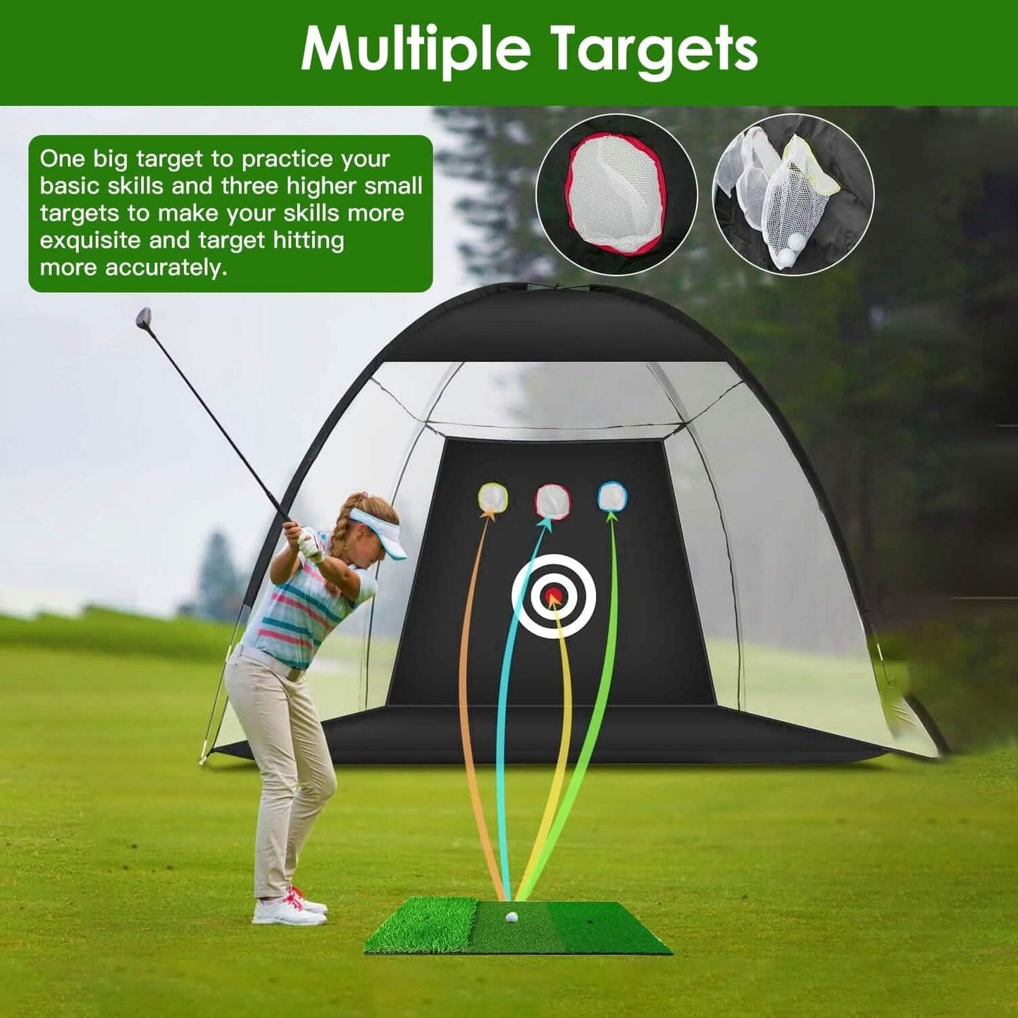 Golf-Trainingshilfen Driving Hitting Nets mit Tri-Turf Golfmatte Zieltuch 10 Golfbälle 7 Golf-Tees 2 Gummi-Golf-Tee-Halter Tragetasche für Indoor- und Outdoor-Sport