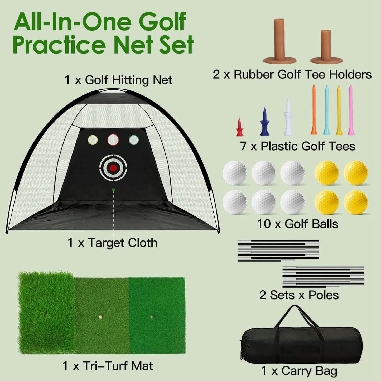 Golf-Trainingshilfen Driving Hitting Nets mit Tri-Turf Golfmatte Zieltuch 10 Golfbälle 7 Golf-Tees 2 Gummi-Golf-Tee-Halter Tragetasche für Indoor- und Outdoor-Sport
