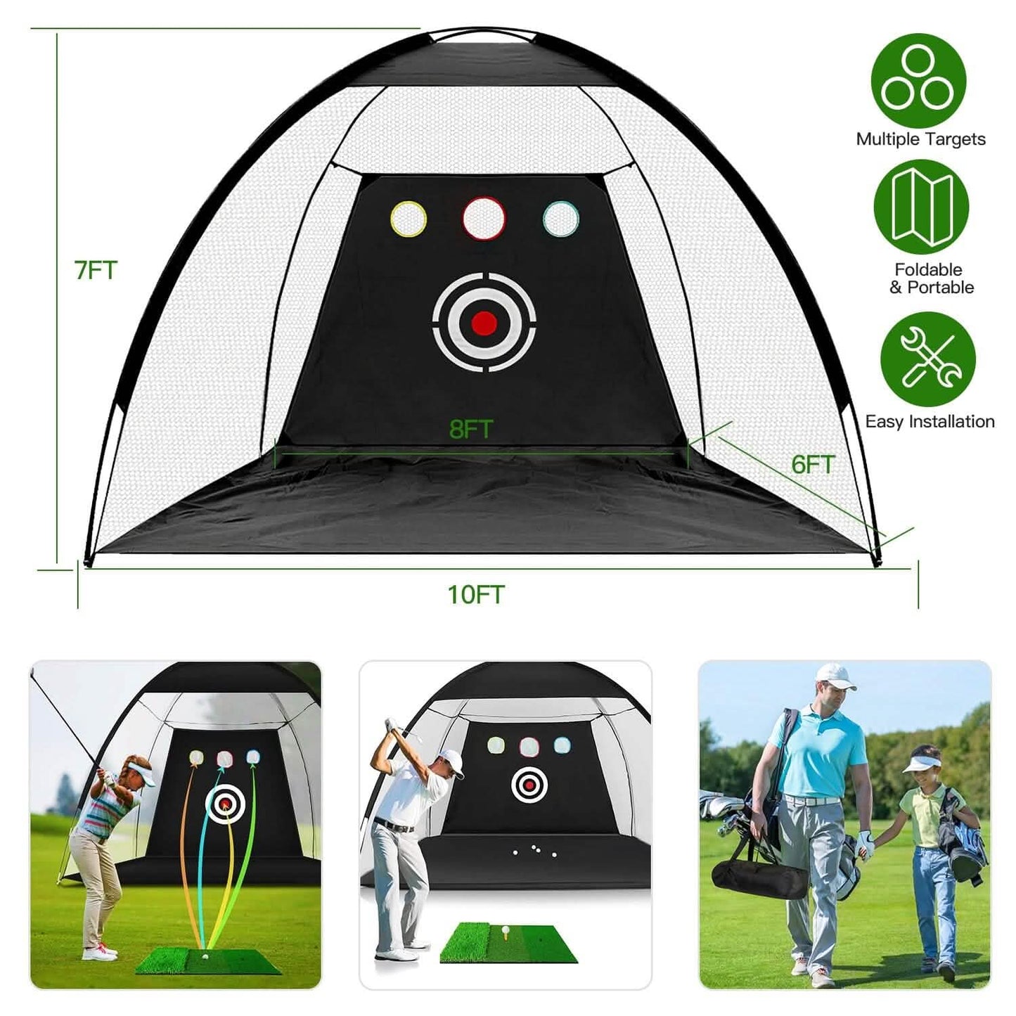 Golf-Trainingshilfen Driving Hitting Nets mit Tri-Turf Golfmatte Zieltuch 10 Golfbälle 7 Golf-Tees 2 Gummi-Golf-Tee-Halter Tragetasche für Indoor- und Outdoor-Sport