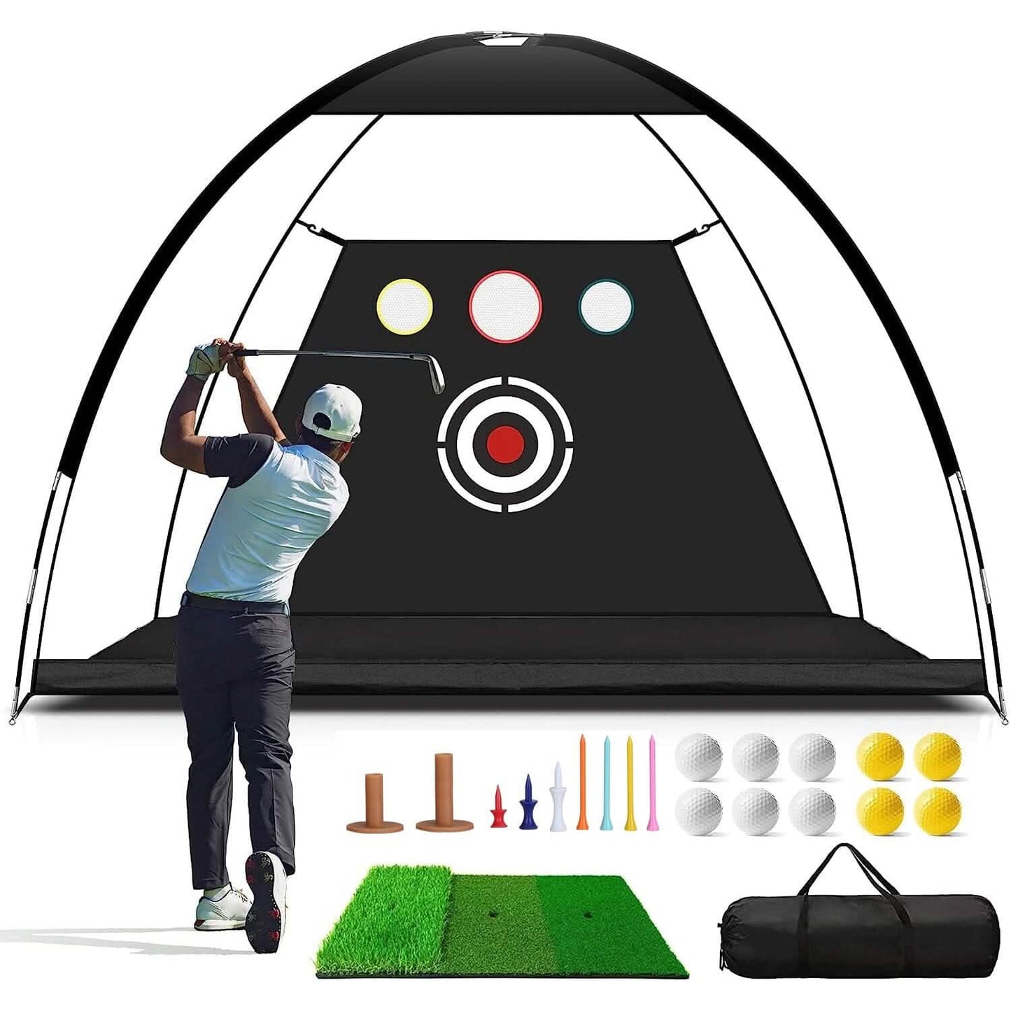 Golf-Trainingshilfen Driving Hitting Nets mit Tri-Turf Golfmatte Zieltuch 10 Golfbälle 7 Golf-Tees 2 Gummi-Golf-Tee-Halter Tragetasche für Indoor- und Outdoor-Sport