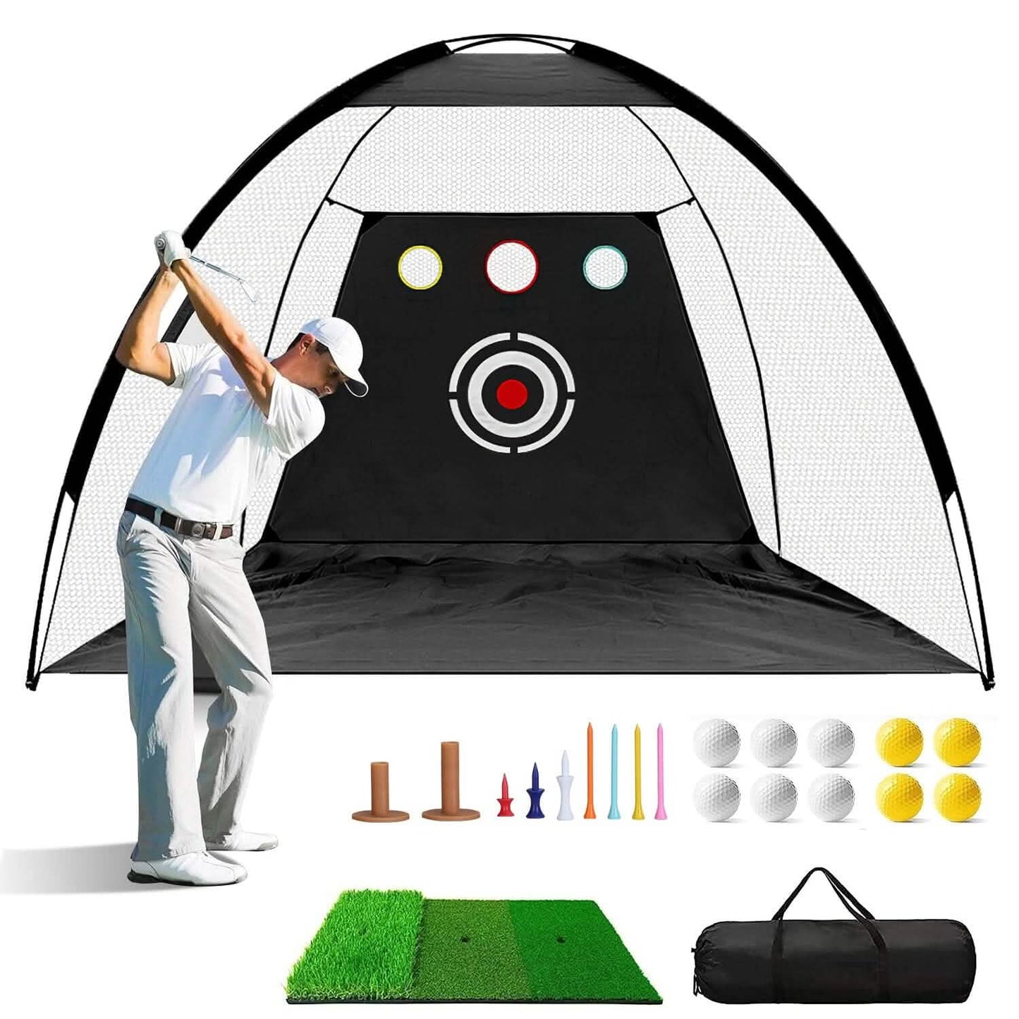 Golf-Trainingshilfen Driving Hitting Nets mit Tri-Turf Golfmatte Zieltuch 10 Golfbälle 7 Golf-Tees 2 Gummi-Golf-Tee-Halter Tragetasche für Indoor- und Outdoor-Sport