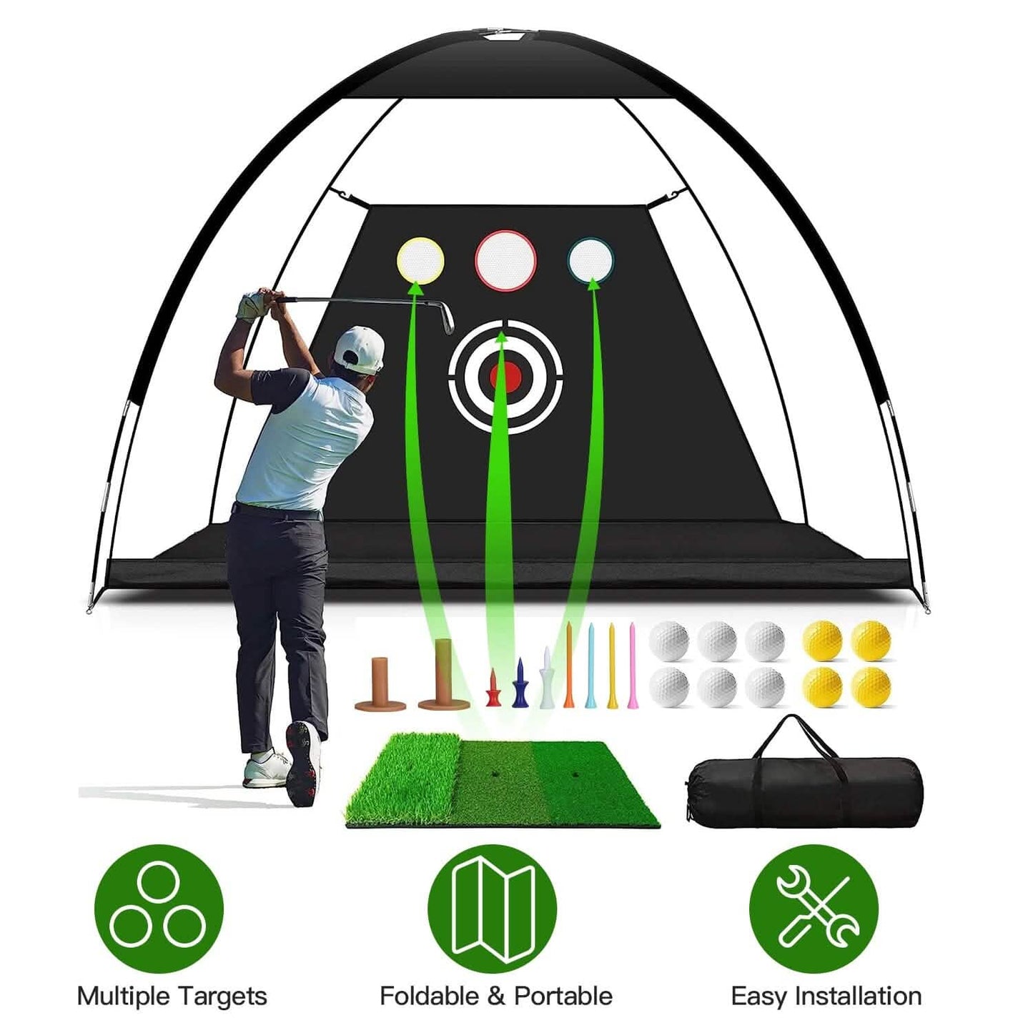 Golf-Trainingshilfen Driving Hitting Nets mit Tri-Turf Golfmatte Zieltuch 10 Golfbälle 7 Golf-Tees 2 Gummi-Golf-Tee-Halter Tragetasche für Indoor- und Outdoor-Sport