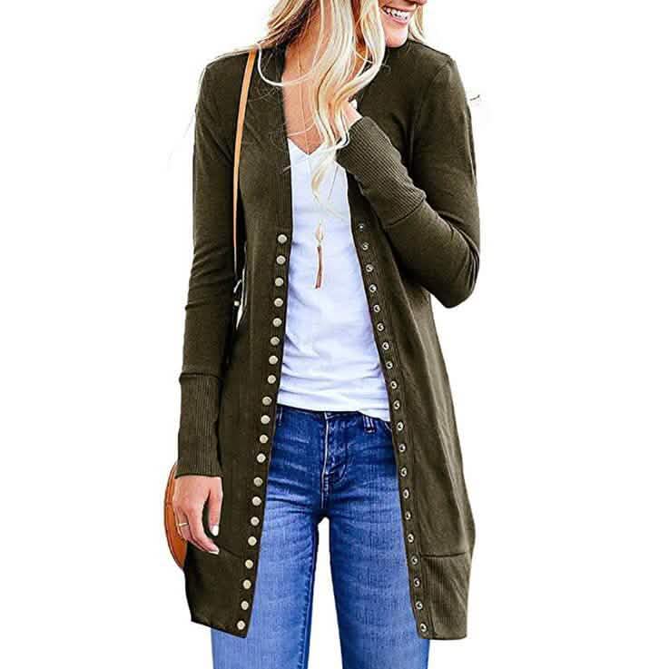 Halife Damen Langarm Strickjacke mit Druckknöpfen und geripptem Ausschnitt