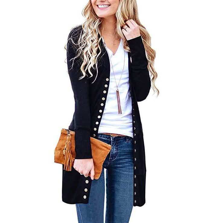 Halife Damen Langarm Strickjacke mit Druckknöpfen und geripptem Ausschnitt