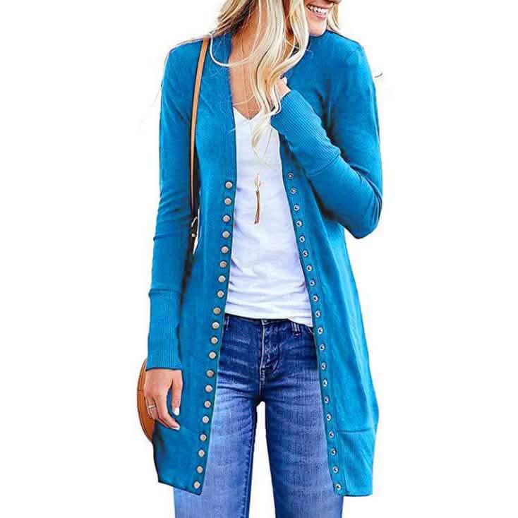Halife Damen Langarm Strickjacke mit Druckknöpfen und geripptem Ausschnitt
