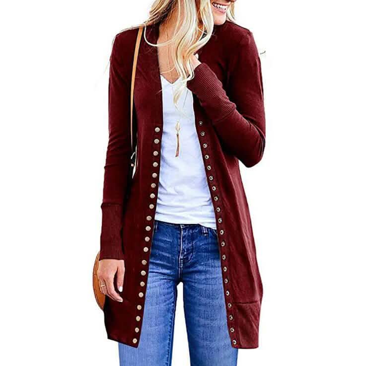 Halife Damen Langarm Strickjacke mit Druckknöpfen und geripptem Ausschnitt