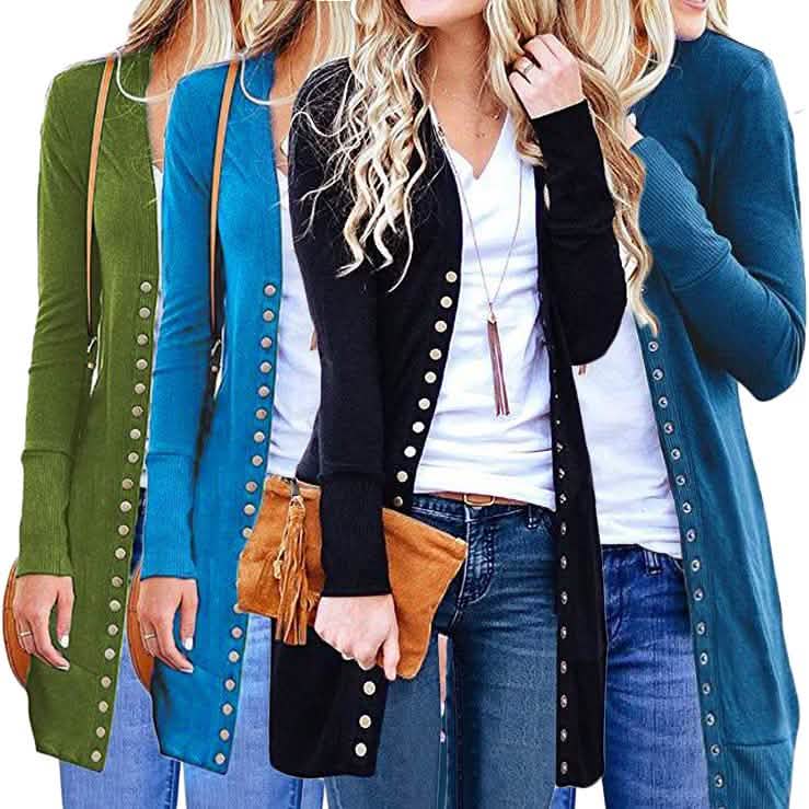 Halife Damen Langarm Strickjacke mit Druckknöpfen und geripptem Ausschnitt