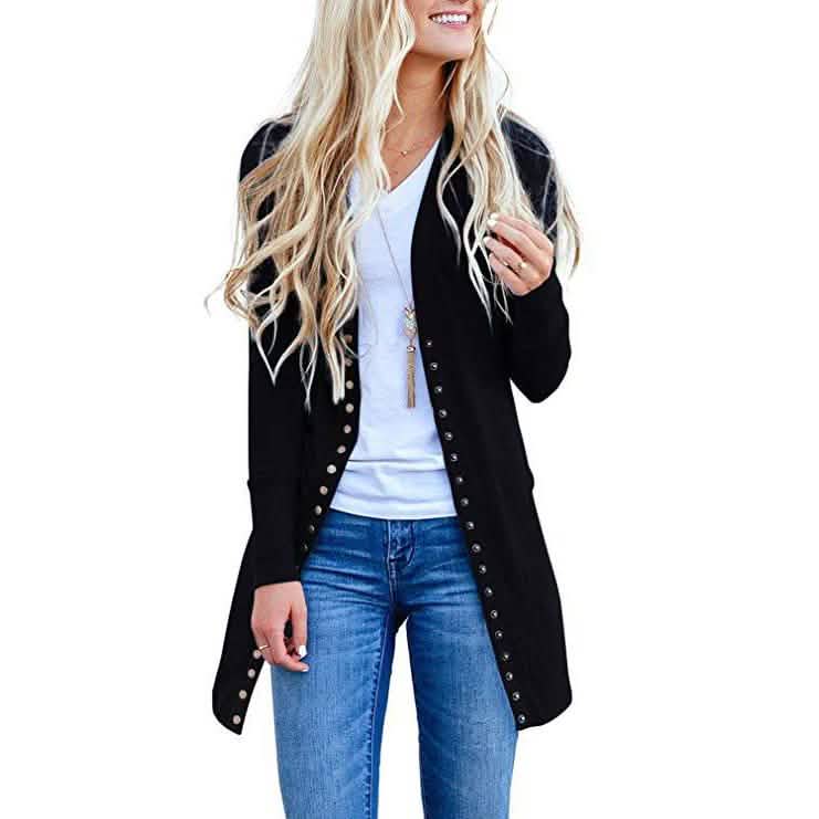 Halife Damen Langarm Strickjacke mit Druckknöpfen und geripptem Ausschnitt