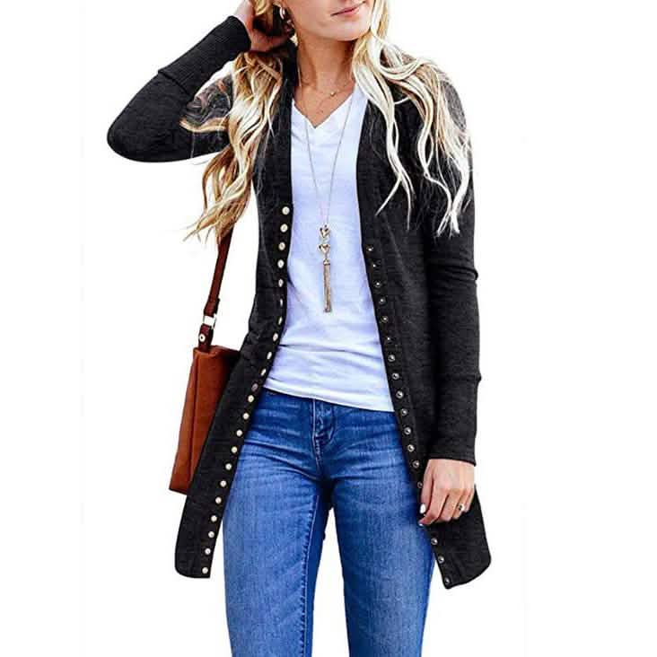 Halife Damen Langarm Strickjacke mit Druckknöpfen und geripptem Ausschnitt