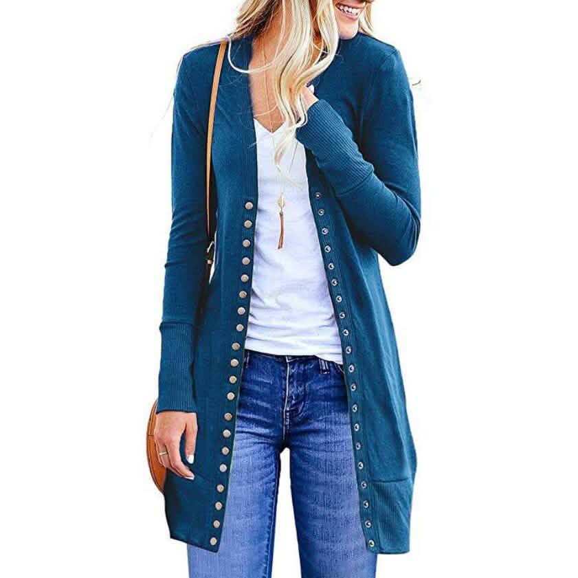 Halife Damen Langarm Strickjacke mit Druckknöpfen und geripptem Ausschnitt