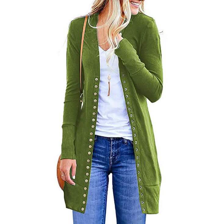 Halife Damen Langarm Strickjacke mit Druckknöpfen und geripptem Ausschnitt