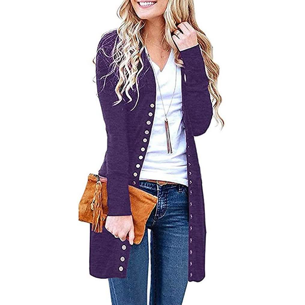 Halife Damen Langarm Strickjacke mit Druckknöpfen und geripptem Ausschnitt