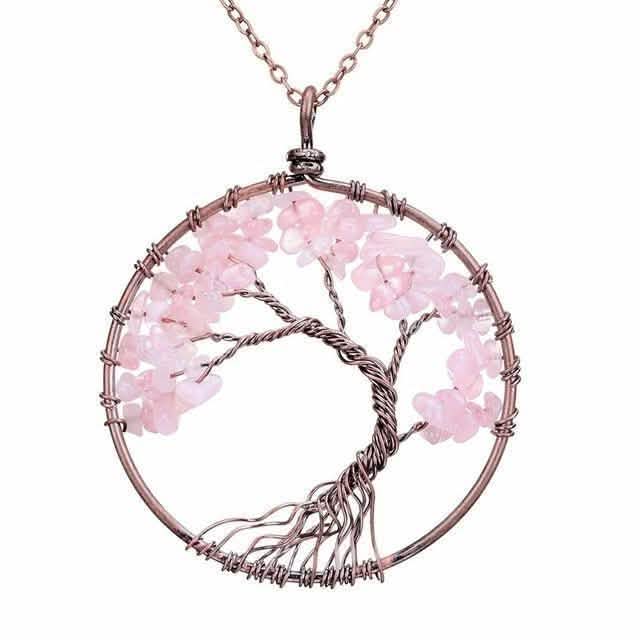 Handgefertigte echte Edelstein Chakra Lebensbaum Anhänger Halskette - Farbe: Rosa