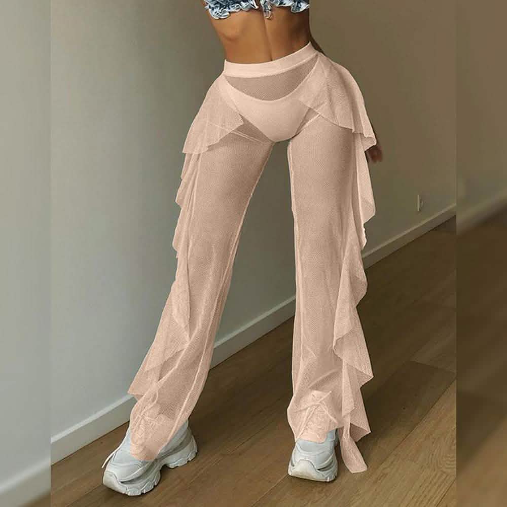 High-Waist Transparente Mesh-Rüschen-Überhose