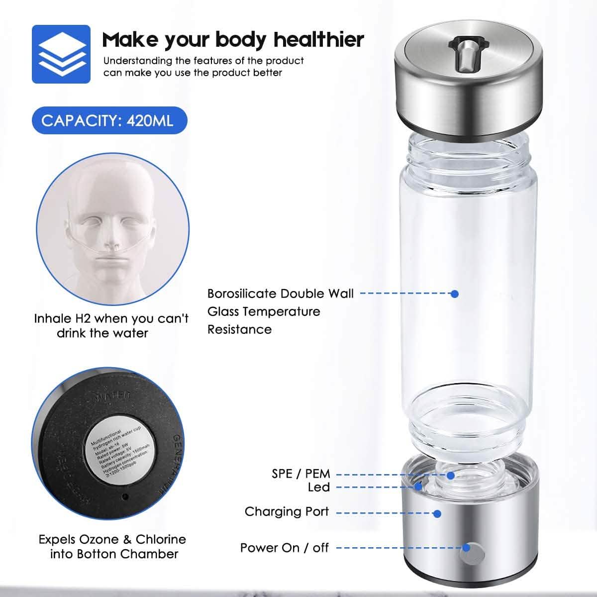 Wasserstoff-Wasserflaschengenerator mit Inhalationsadapter