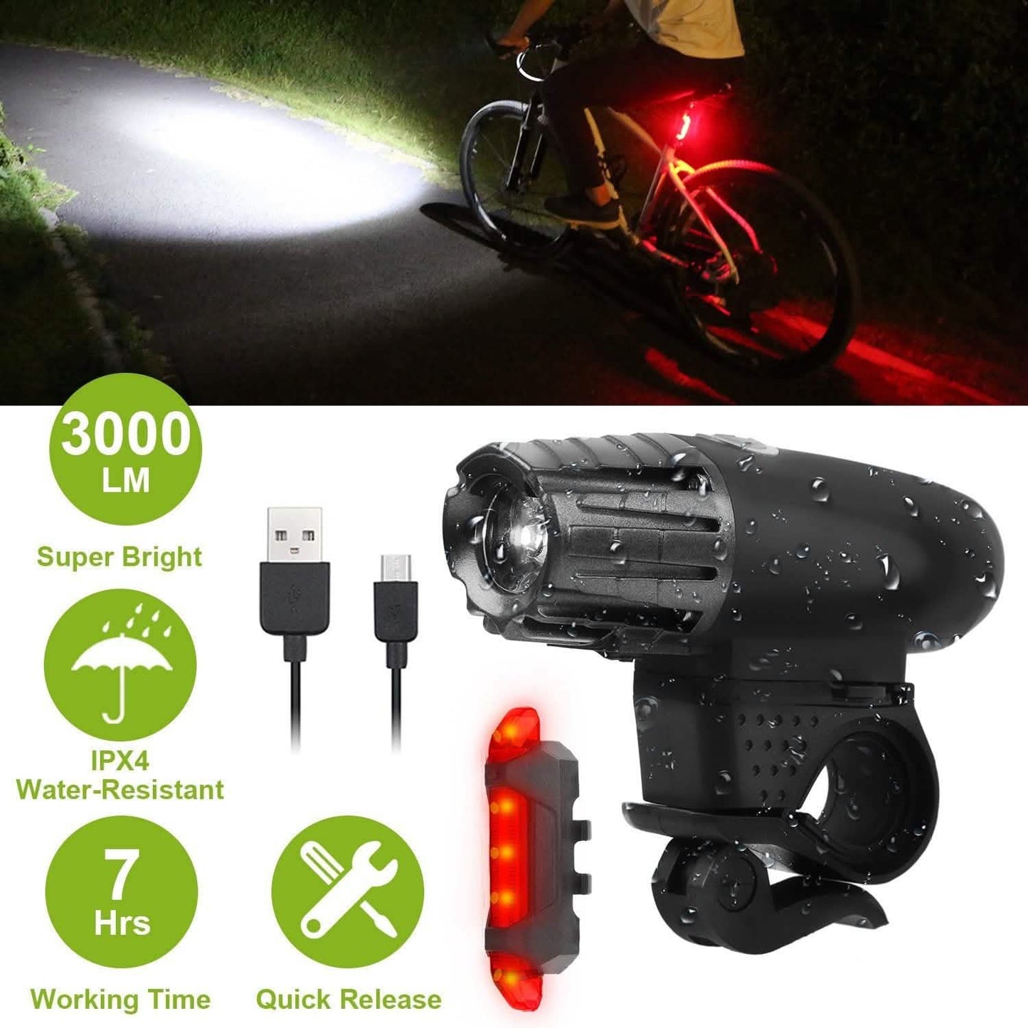 iMounTEK Fahrrad-Fronttaschenlampe IPX4 Wasserfest mit Rücklicht/Sicherheits-LED-Lampe